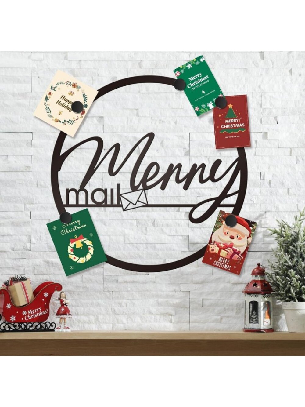 Large Christmas Card Holder Metal Wreath - Merry Mail Sign, 22 Inches Decor